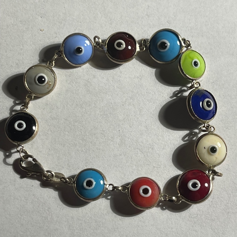 Vintage Lucky Evil Eye Multicolored Glass Sterling Bracelet